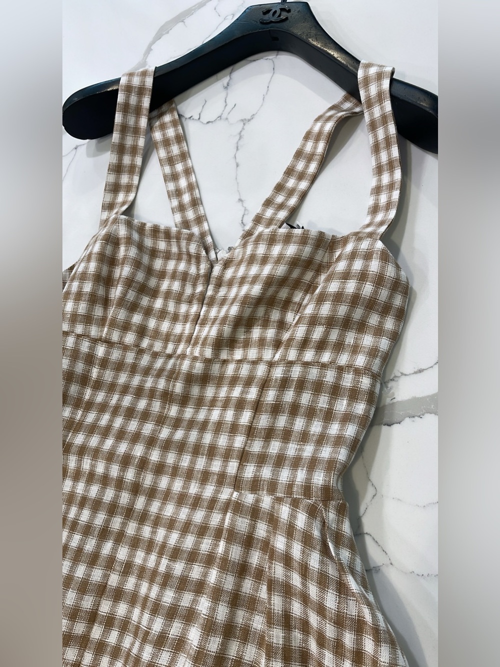 NEW Reformation Roma Midi Linen Dress Dunes Check Gingham Tan White Size 4 - Picture 6 of 15